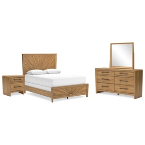 Takston Queen Panel Bed with Mirrored Dresser and Nightstand, Light Brown