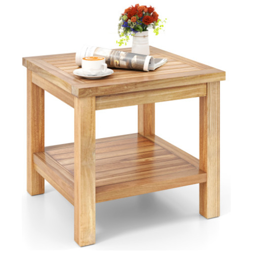 Teak Wood Square Side Table with Open Shelf for Small Space