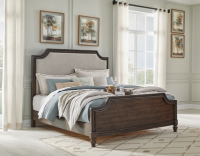 Veramond Queen Upholstered Panel Bed, Dark Brown