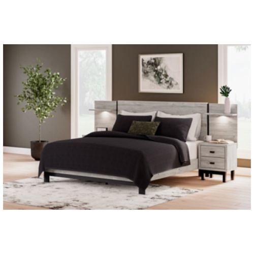 Vessalli King Panel Bed with Headboard Extensions and 2 Nightstands, Gray