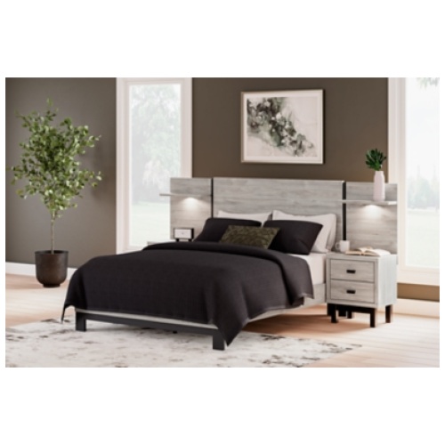 Vessalli Queen Panel Bed with Headboard Extensions and 2 Nightstands, Gray