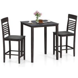 3-Piece Counter-Height Dining Table Set for 2 with Rubber Wood Frame and Footrest-Gray