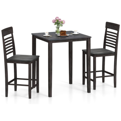3-Piece Counter-Height Dining Table Set for 2 with Rubber Wood Frame and Footrest-Gray