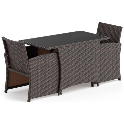 3 Piece Patio Wicker Dining Set with Rectangle Tempered Glass Dining Table-Brown