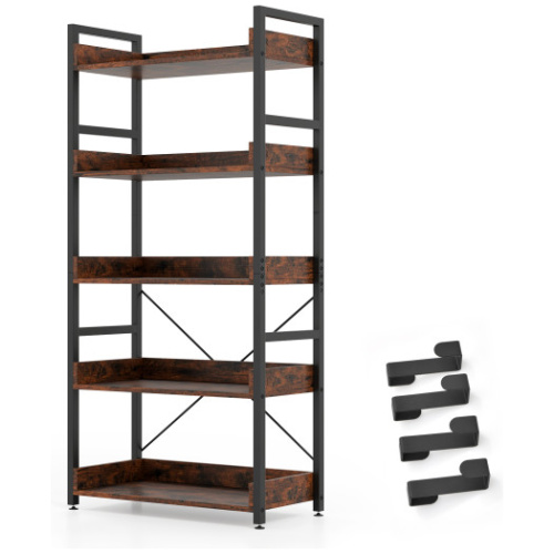 5-Tier Bookshelf with 4 Hooks Industrial Storage Bookcase-Rustic Brown