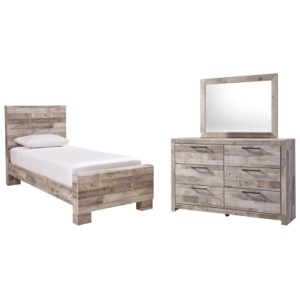 Effie Twin Panel Bed with Mirrored Dresser, Whitewash