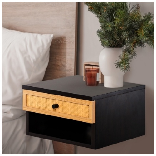 JONATHAN Y Celerie 15" Floating 1 Drawer Nightstand, Black/Light Oak