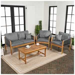 JONATHAN Y Tavira Outdoor Loveseat and 2 Lounge Chairs with Coffee Table, Teak Brown/Gray