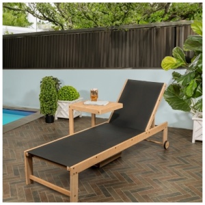 JONATHAN Y Trabuco Outdoor Chaise Lounge with Side Table, Light Teak/Black