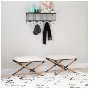 Linon Silas Campaign Accent Stool Ottoman, White/Ivory