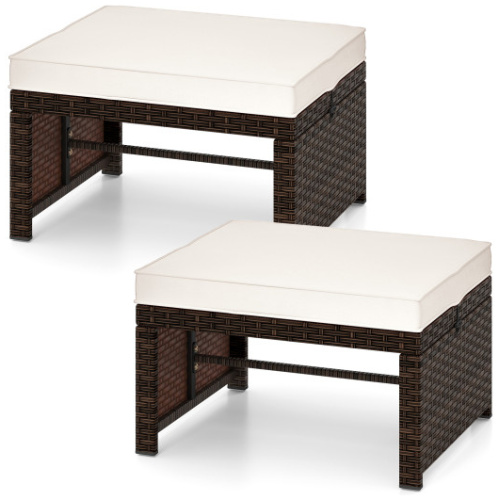 Multipurpose Outdoor 2 Pieces Patio PE Rattan Ottomans Footstool-White