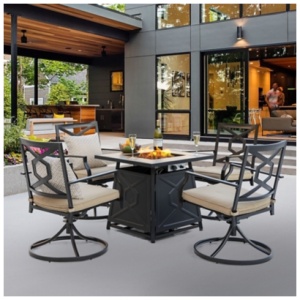 Nuu Garden Outdoor Fire Pit Table and 4 Chairs, Black/Beige