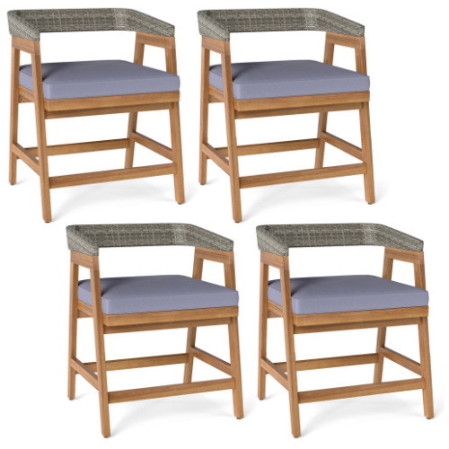 Outdoor Acacia Wood Patio Wicker Dining Chairs Set of 4 with Seat Cushion-Gray