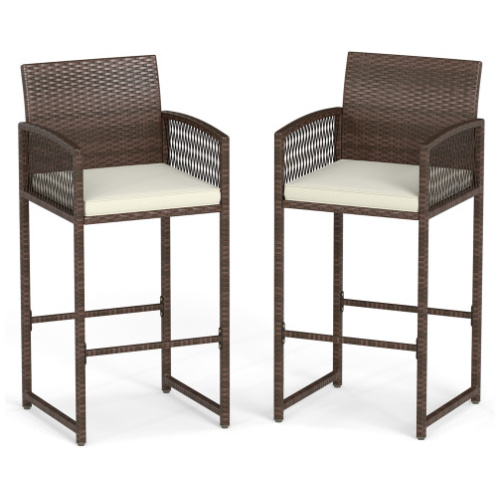 Outdoor PE Wicker Bar Stools Set of 2 Patio Bar Height Chairs with Cushions-White