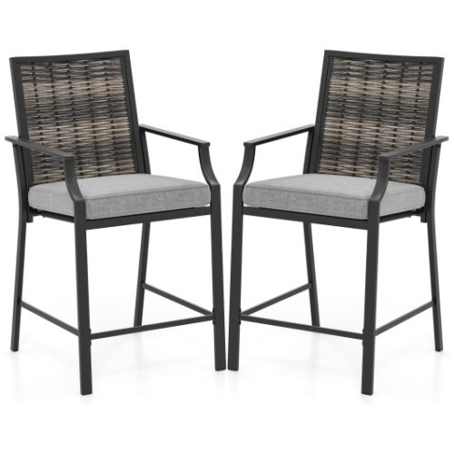 Patio Bar Stools Set of 2 Counter Height Rattan Bar Chairs with Armrest-Grey
