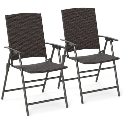 Patio PE Wicker Dining Chairs with Armrests and Metal Frame-Set of 2