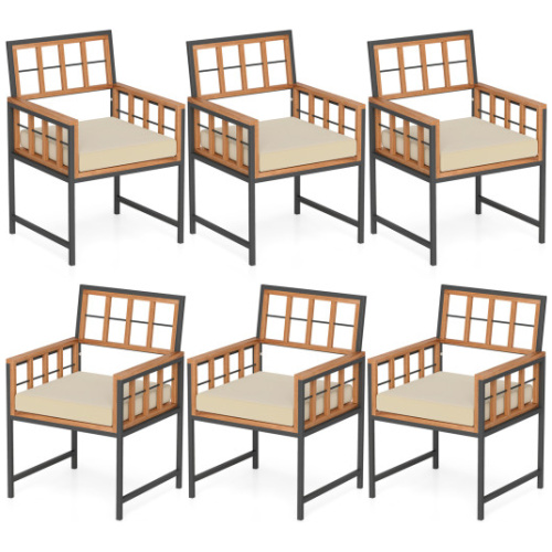 Set of 6 Patio Dining Chairs Acacia Wood Armchairs with Cushions