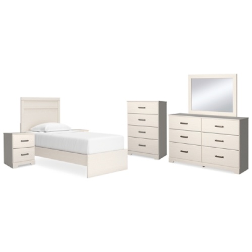 Stelsie Twin Panel Bed with Mirrored Dresser, Chest and 2 Nightstands, White