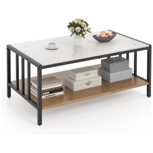 2 Tier Coffee Table with Sintered Stone Tabletop-White Black and Natural