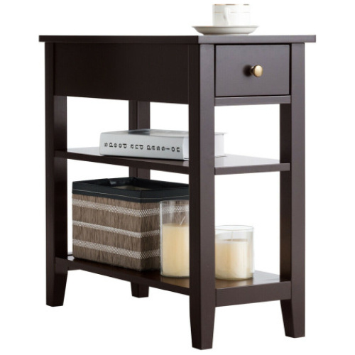 3-Tier End Table with Drawer slideway and Double Shelves-Brown