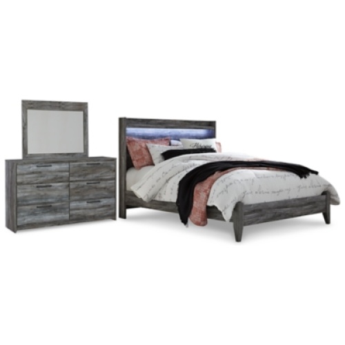 Baystorm Queen Panel Bed with Mirrored Dresser, Gray