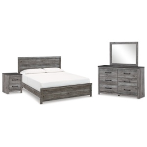 Bronyan King Panel Bed with Mirrored Dresser and Nightstand, Dark Gray