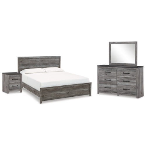 Bronyan King Panel Bed with Mirrored Dresser and Nightstand, Dark Gray