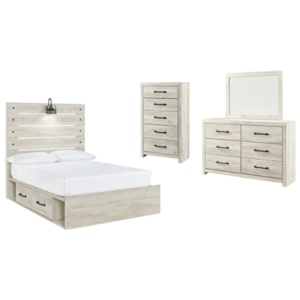 Cambeck Full Panel Bed with 2 Storage Drawers with Mirrored Dresser and Chest, Whitewash