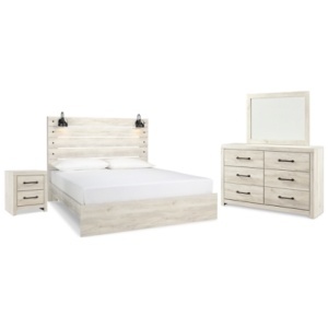 Cambeck King Panel Bed with Mirrored Dresser and Nightstand, Whitewash