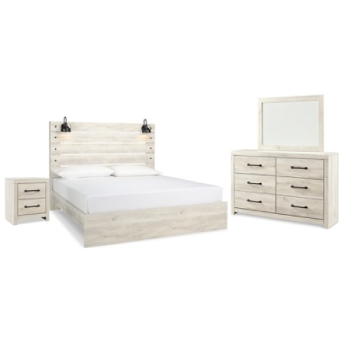 Cambeck King Panel Bed with Mirrored Dresser and Nightstand, Whitewash