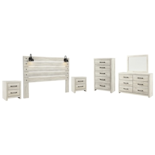 Cambeck King Panel Headboard Bed with Mirrored Dresser, Chest and 2 Nightstands, Whitewash