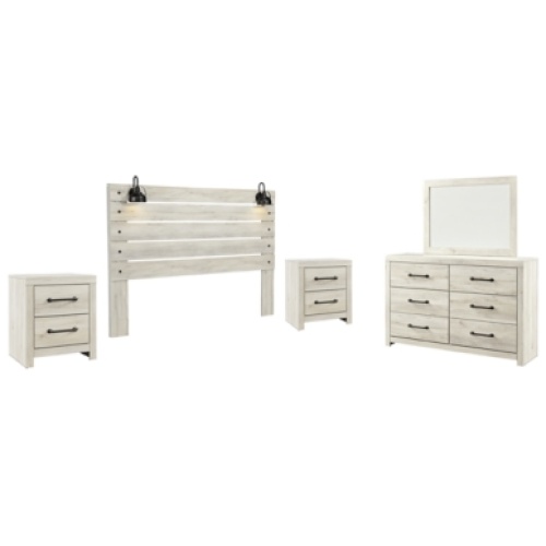 Cambeck King Panel Headboard Bed with Mirrored Dresser and 2 Nightstands, Whitewash
