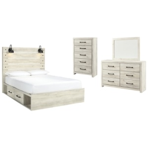 Cambeck Queen Panel Bed with 2 Storage Drawers with Mirrored Dresser and Chest, Whitewash