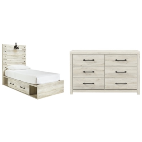 Cambeck Twin Panel Bed with 2 Storage Drawers with Dresser, Whitewash