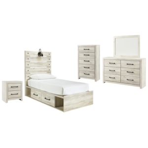 Cambeck Twin Panel Bed with 2 Storage Drawers with Mirrored Dresser, Chest and Nightstand, Whitewash