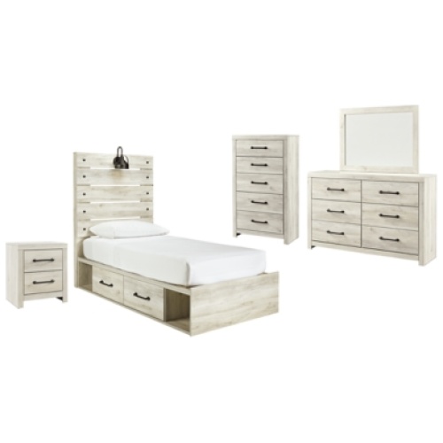 Cambeck Twin Panel Bed with 2 Storage Drawers with Mirrored Dresser, Chest and Nightstand, Whitewash