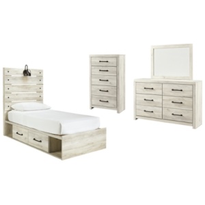 Cambeck Twin Panel Bed with 2 Storage Drawers with Mirrored Dresser and Chest, Whitewash