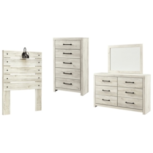 Cambeck Twin Panel Headboard Bed with Mirrored Dresser and Chest, Whitewash