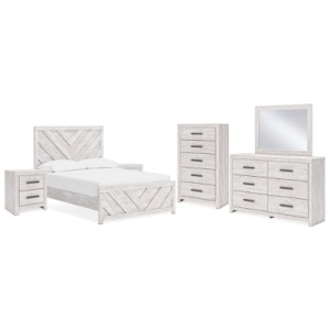Cayboni Full Panel Bed with Mirrored Dresser, Chest and 2 Nightstands, Whitewash