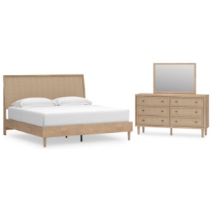 Cielden King Panel Bed with Mirrored Dresser, Two-tone