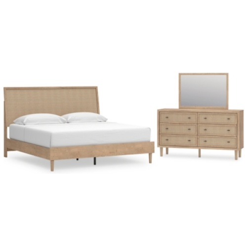 Cielden King Panel Bed with Mirrored Dresser, Two-tone