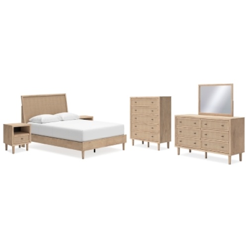 Cielden Queen Panel Bed with Mirrored Dresser, Chest and 2 Nightstands, Two-tone