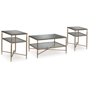 Cloverty Coffee Table with 2 End Tables, Aged Gold Finish