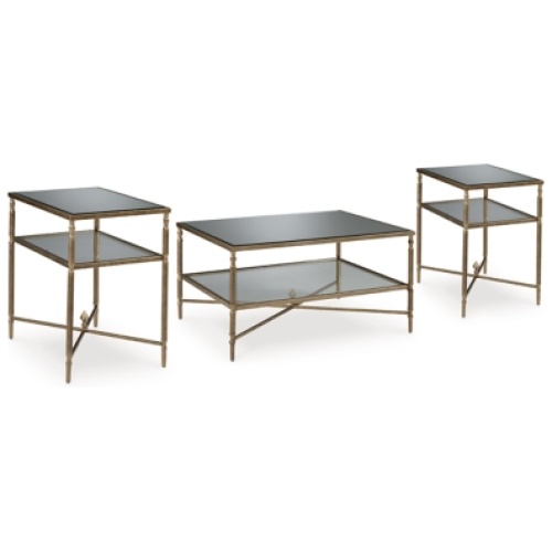 Cloverty Coffee Table with 2 End Tables, Aged Gold Finish
