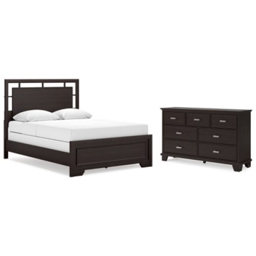 Covetown Queen Panel Bed with Dresser, Dark Brown