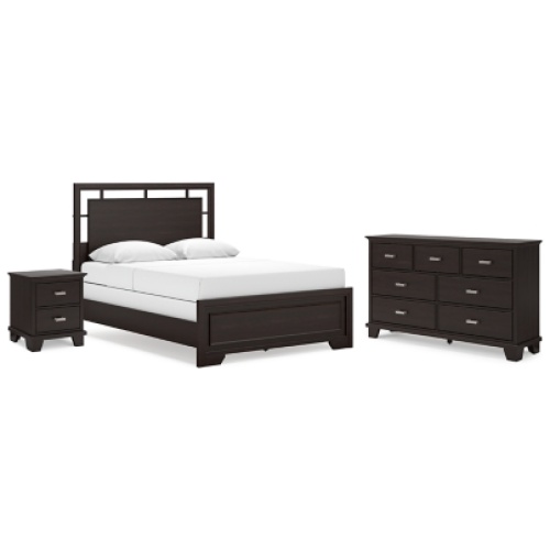 Covetown Queen Panel Bed with Dresser and Nightstand, Dark Brown