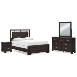 Covetown Queen Panel Bed with Mirrored Dresser and Nightstand, Dark Brown