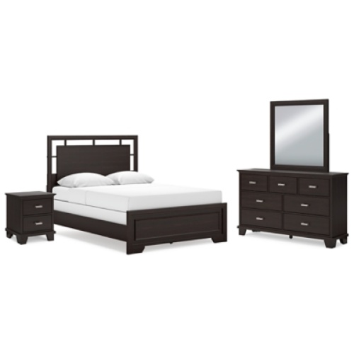 Covetown Queen Panel Bed with Mirrored Dresser and Nightstand, Dark Brown