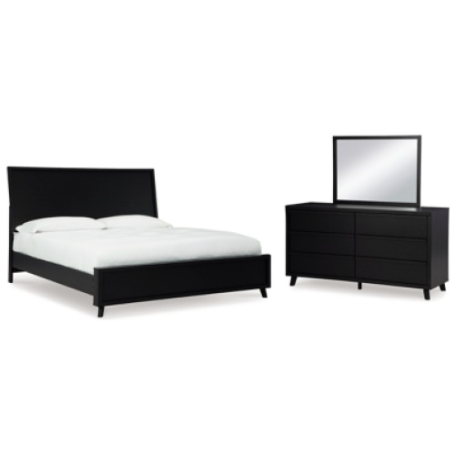Danziar King Panel Bed with Mirrored Dresser, Black