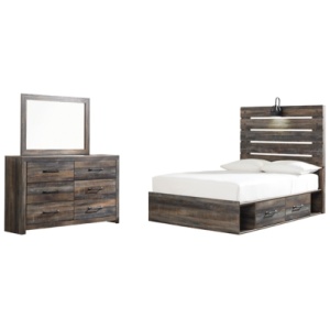 Drystan Full Panel Bed with 4 Storage Drawers with Mirrored Dresser, Multi